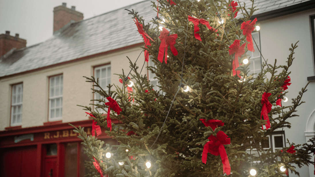 a christmas tree with lights and red bows in the folk park