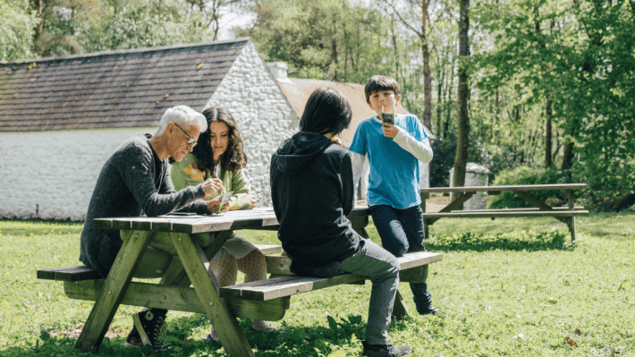 Family eating a picnic at Ulster American Folk Park