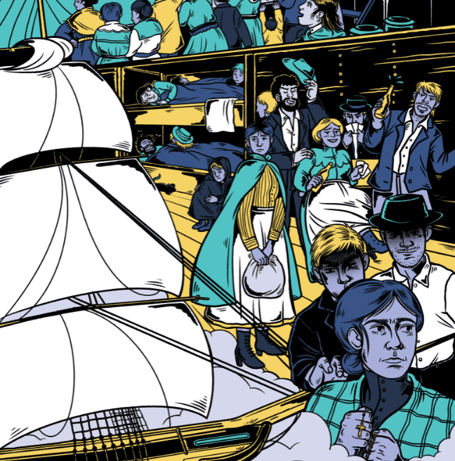 Colourful illustration of an immigrant ship from Ireland to America