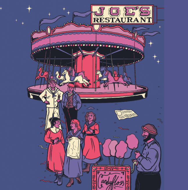 Fairground in America, colourful illustration by Fiona McDonnell